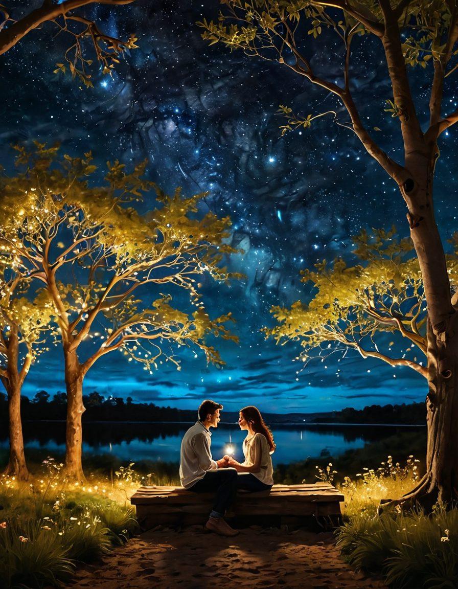 A romantic scene depicting a couple deeply engaged in a heartfelt conversation under a starry night sky, surrounded by soft glowing fairy lights. The atmosphere is warm and inviting, with a gentle breeze rustling through nearby trees. They are sitting close, with their hands intertwined, conveying intimacy and connection. Include elements of nature, like flowers and twinkling stars, to enhance the romantic vibe. super-realistic. vibrant colors. dreamy atmosphere.