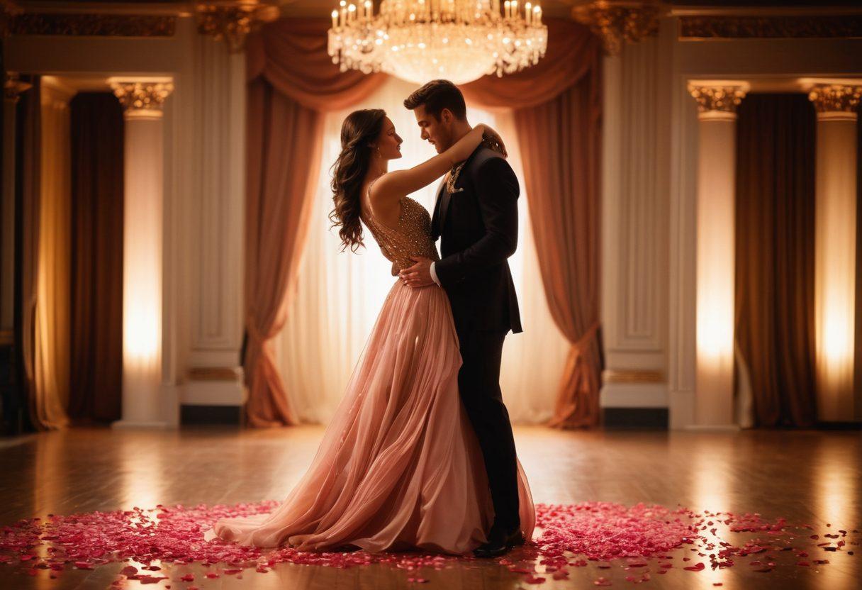 An enchanting ballroom scene featuring a couple engaged in a graceful and playful dance, surrounded by swirling colors and soft lights that create an atmosphere of intimacy and flirtation. The couple's expressions embody joy and affection, while subtle elements like rose petals and candles enhance the romantic vibe. Capture the elegance of their attire, with flowing fabrics contrasting against a dimly lit setting. impressionistic style. warm tones. soft focus.